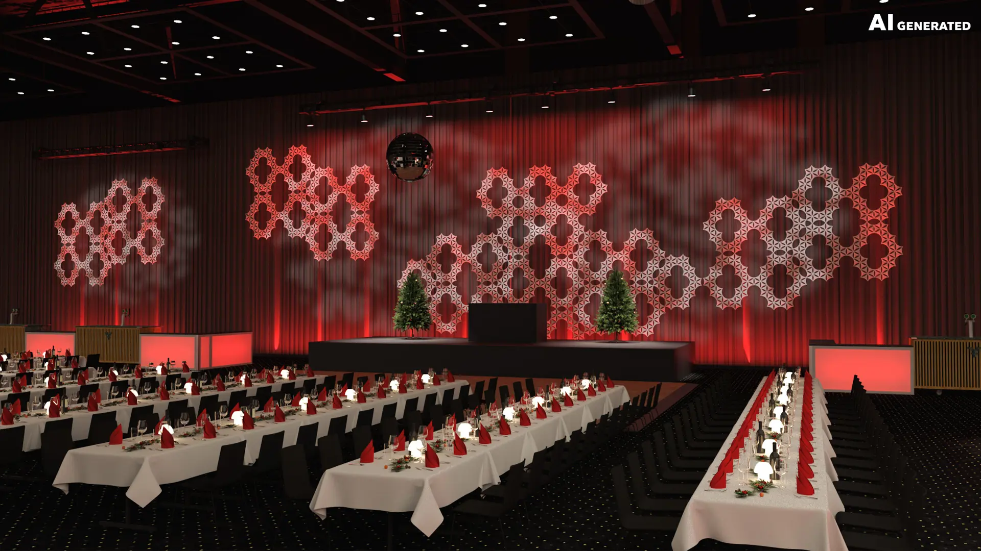 AI-generated visualization of a Christmas party setup in Bella Center Copenhagen featuring long festively dressed tables, a stage, Christmas trees, and red ambient lighting.