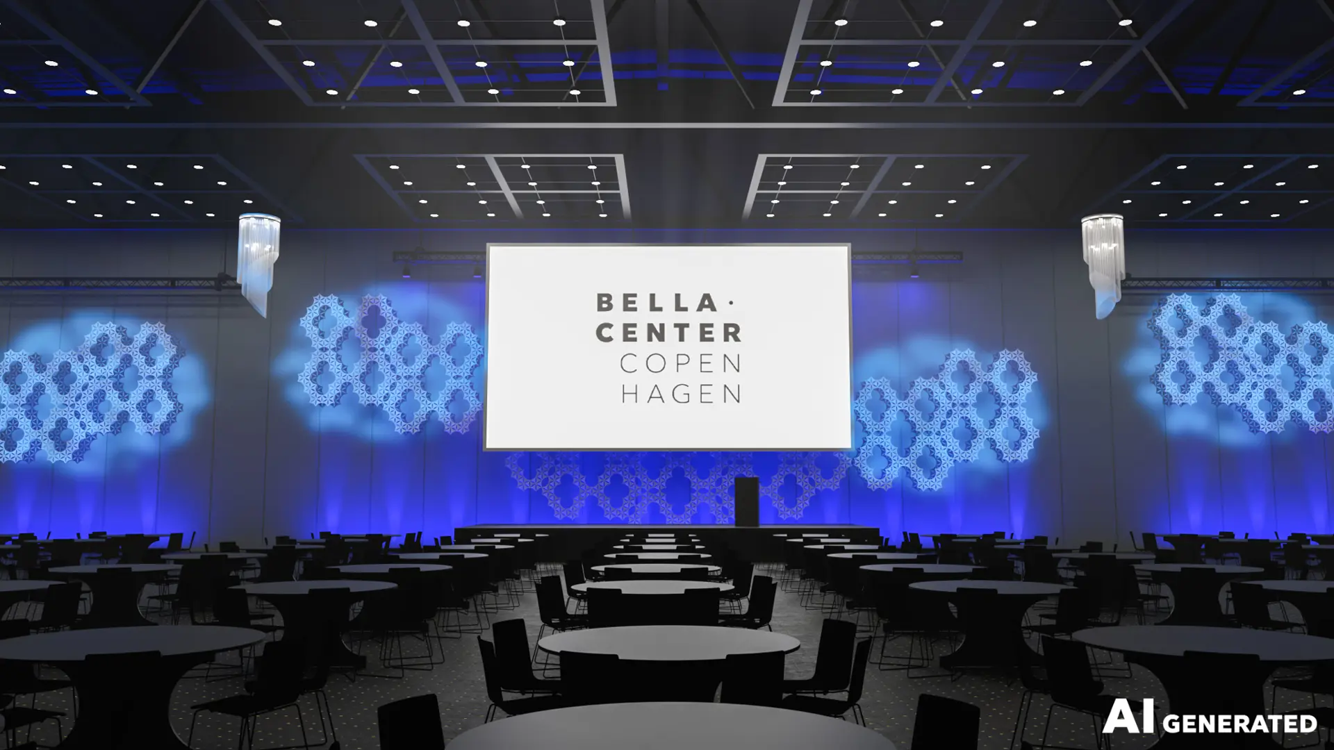 AI-genereret visualisering af konferenceopsætning i Bella Center Copenhagen med scene, storskærm, blå lyssætning og runde borde til deltagere.