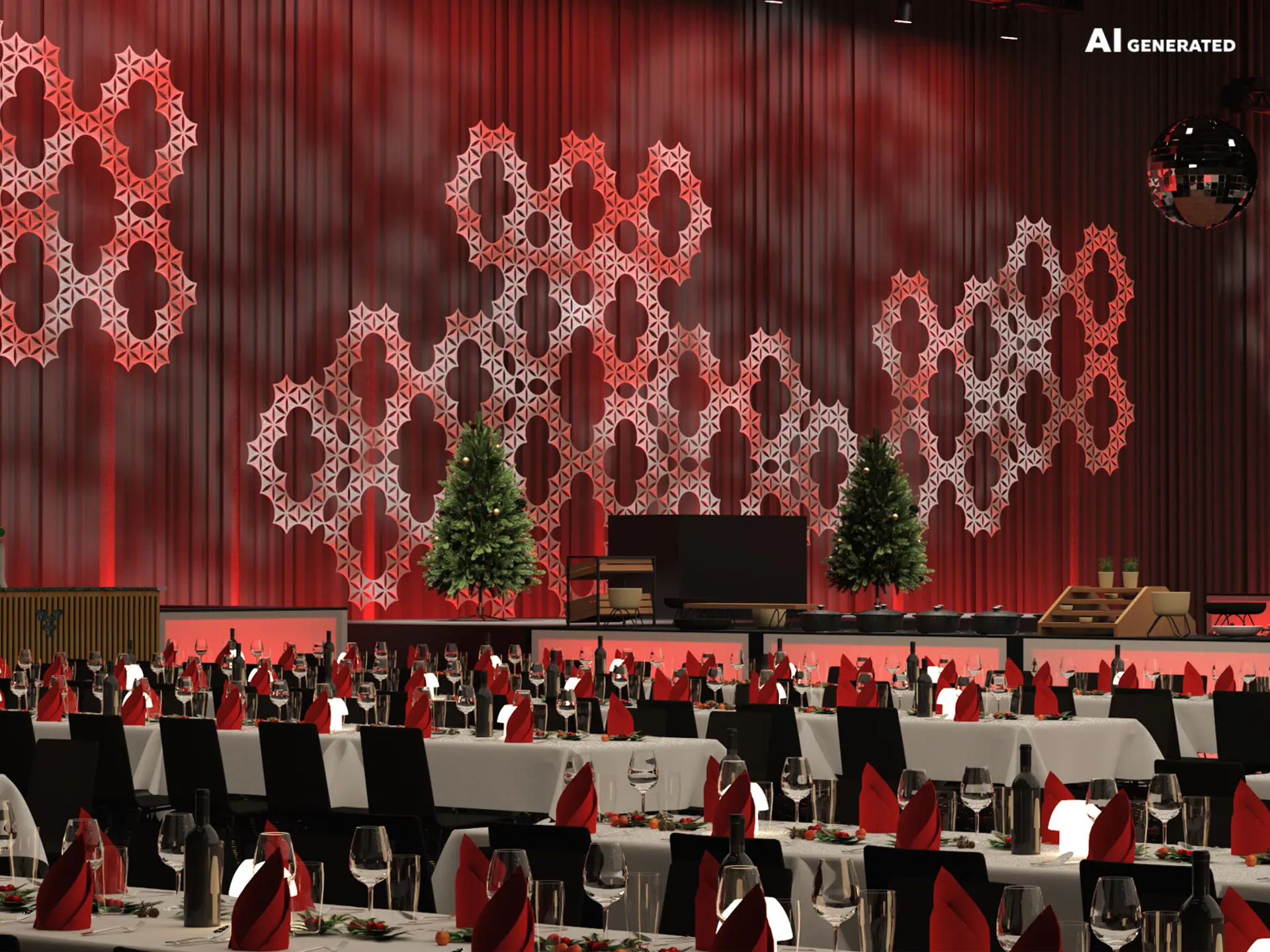 AI-genereret visualisering af julefrokostopstilling i Bella Center Copenhagen med lange festligt opdækkede borde, scene, juletræer og rød stemningsbelysning.