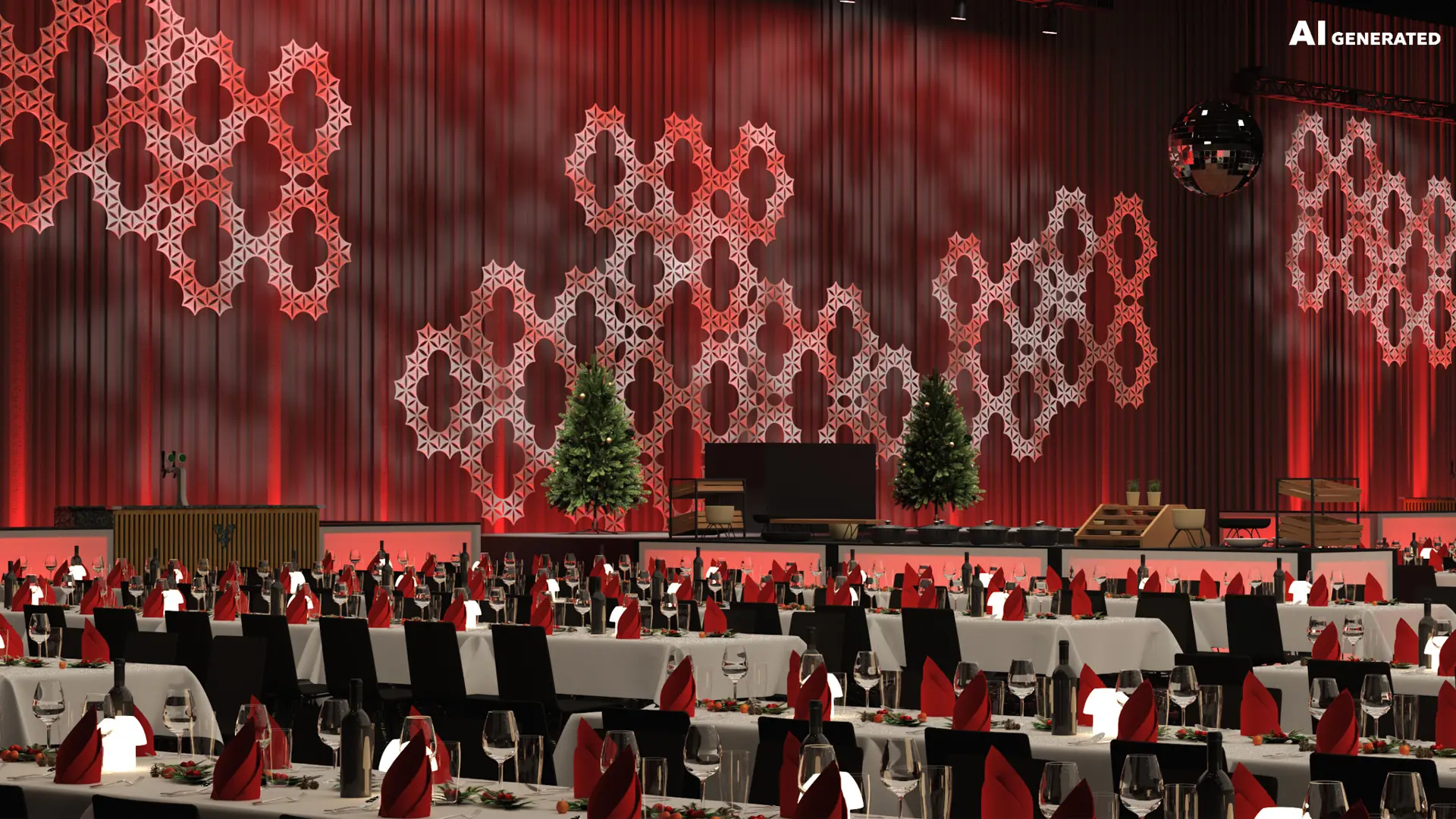 AI-generated visualization of a Christmas party setup in Bella Center Copenhagen featuring festively dressed tables, a buffet area, Christmas trees, and red ambient lighting.