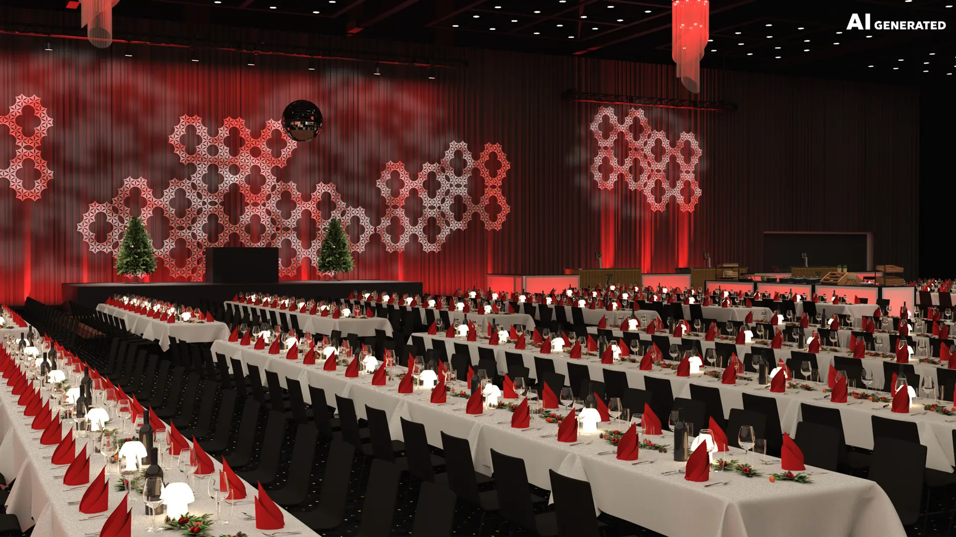 AI-generated visualization of a Christmas party setup in Bella Center Copenhagen featuring festively dressed tables, a stage, and red ambient lighting.