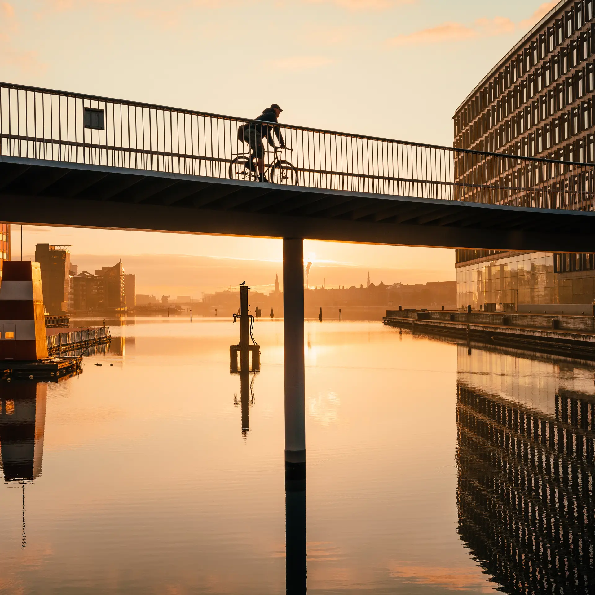 Cyklist på bro over havnen i København med solopgang i baggrunden – moderne byliv tæt på Bella Center.