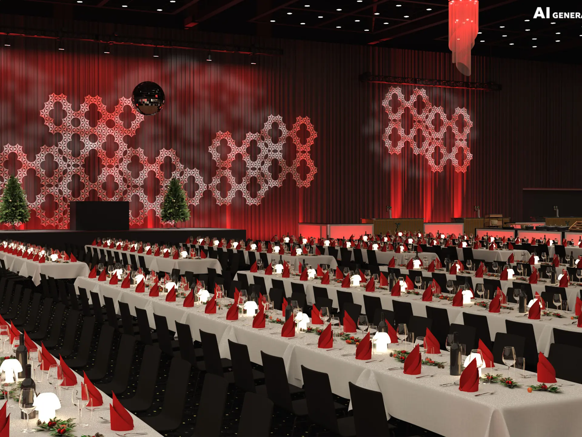 AI-generated visualization of a Christmas party setup in Bella Center Copenhagen featuring long festively dressed tables, a stage, Christmas trees, and red ambient lighting.