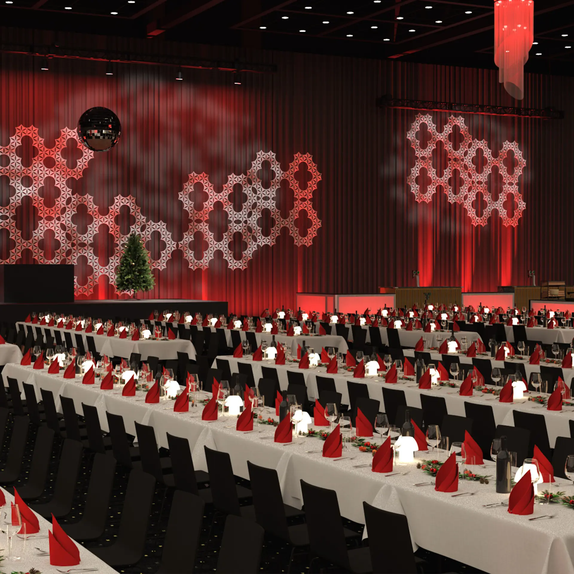 AI-genereret visualisering af julefrokostopstilling i Bella Center Copenhagen med lange festligt opdækkede borde, scene, juletræer og rød stemningsbelysning.