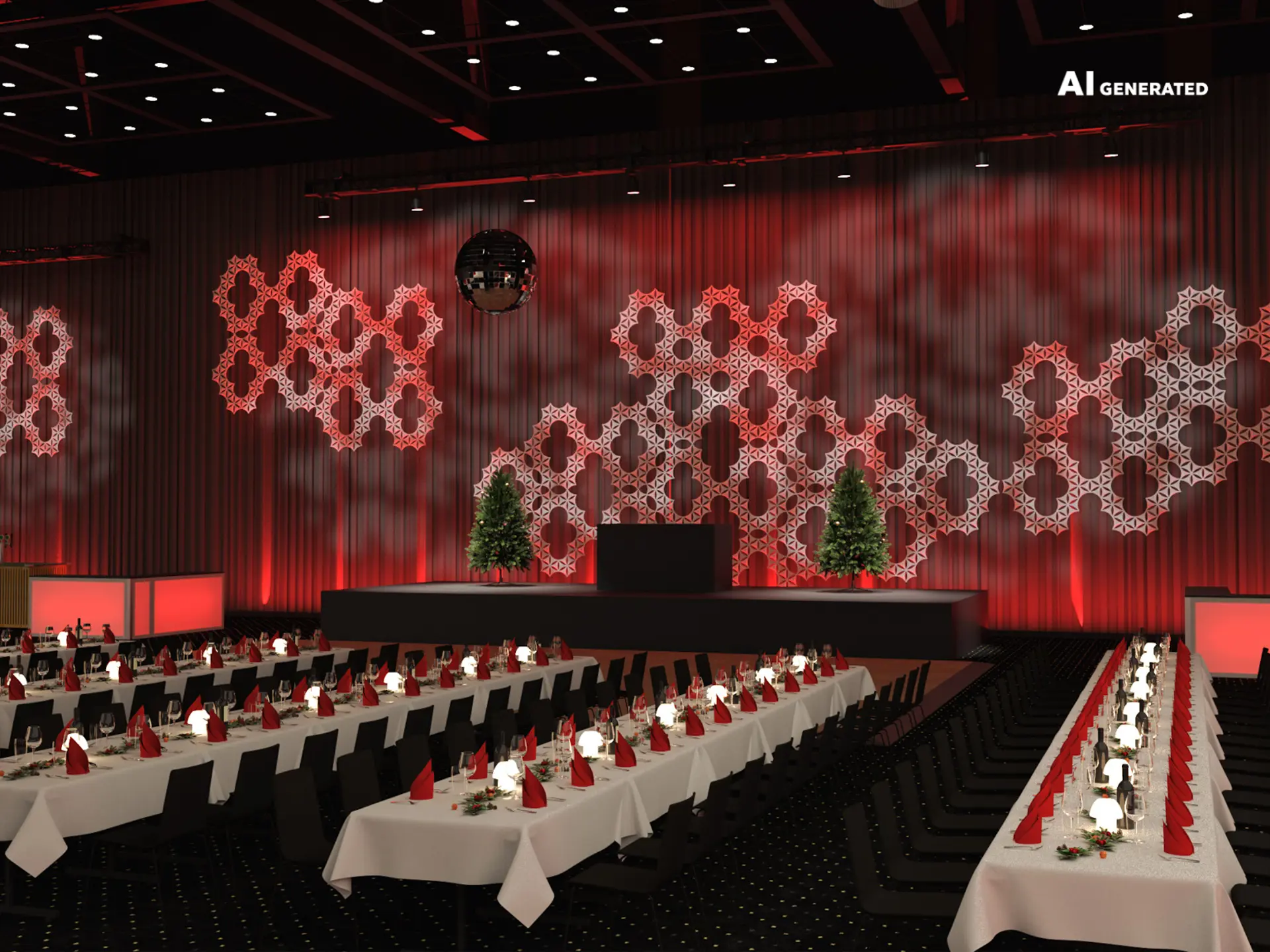 AI-genereret visualisering af julefrokostopstilling i Bella Center Copenhagen med lange festligt opdækkede borde, scene, juletræer og rød stemningsbelysning.